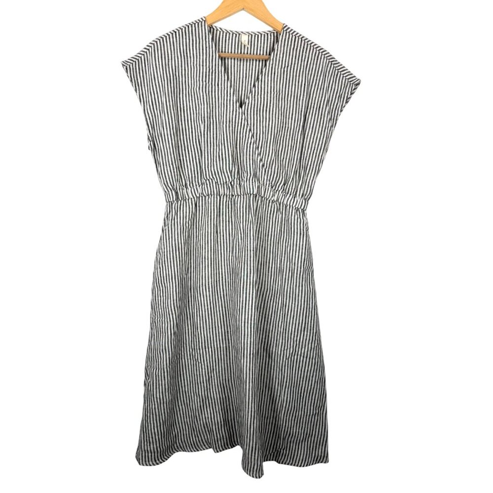 Grae Cove Striped cinched waist A‎ line midi linen dress lagen preppy sz S